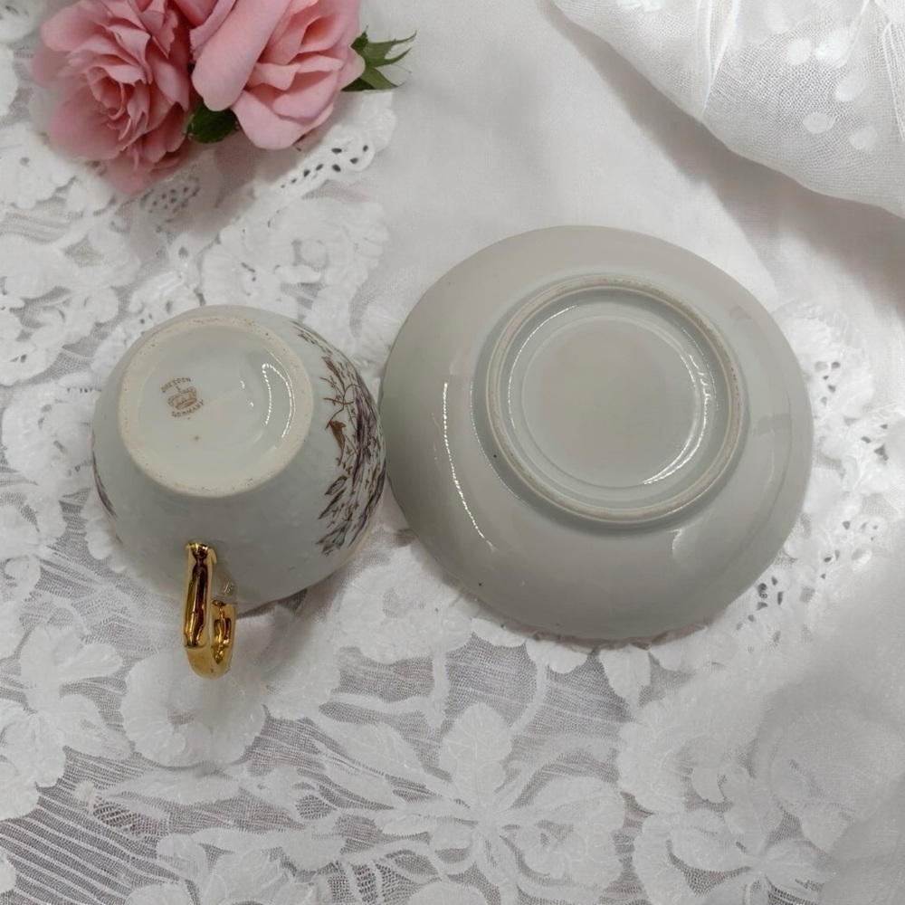 Vintage Teacup And Saucer Dresden Germany, Floral Embossed, Painted Design, Gold - Picture 10 of 10